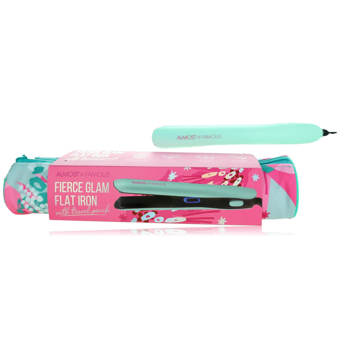 Fierce Glam by Almost Famous, Flat Iron With Travel Pouch -Turquoise